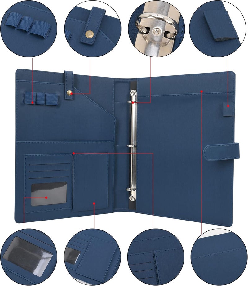 WONDERPOOL A4 PU Leather Portfolio Holder Ring File Document Case with Removable Binder Clipboard, Multi Pocket and Legal Pad for Business Organizer Interview and Meeting (Dark Blue) - Image 5